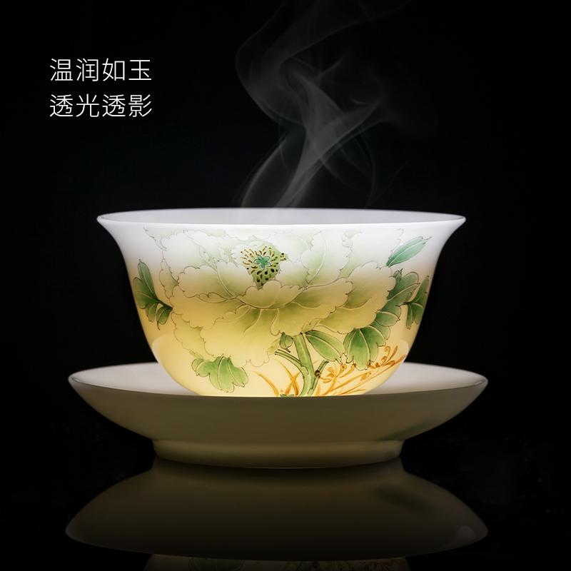 妙莲天香高档冰种玉瓷手绘牡丹三才盖碗单个高档功夫茶具茶杯茶碗