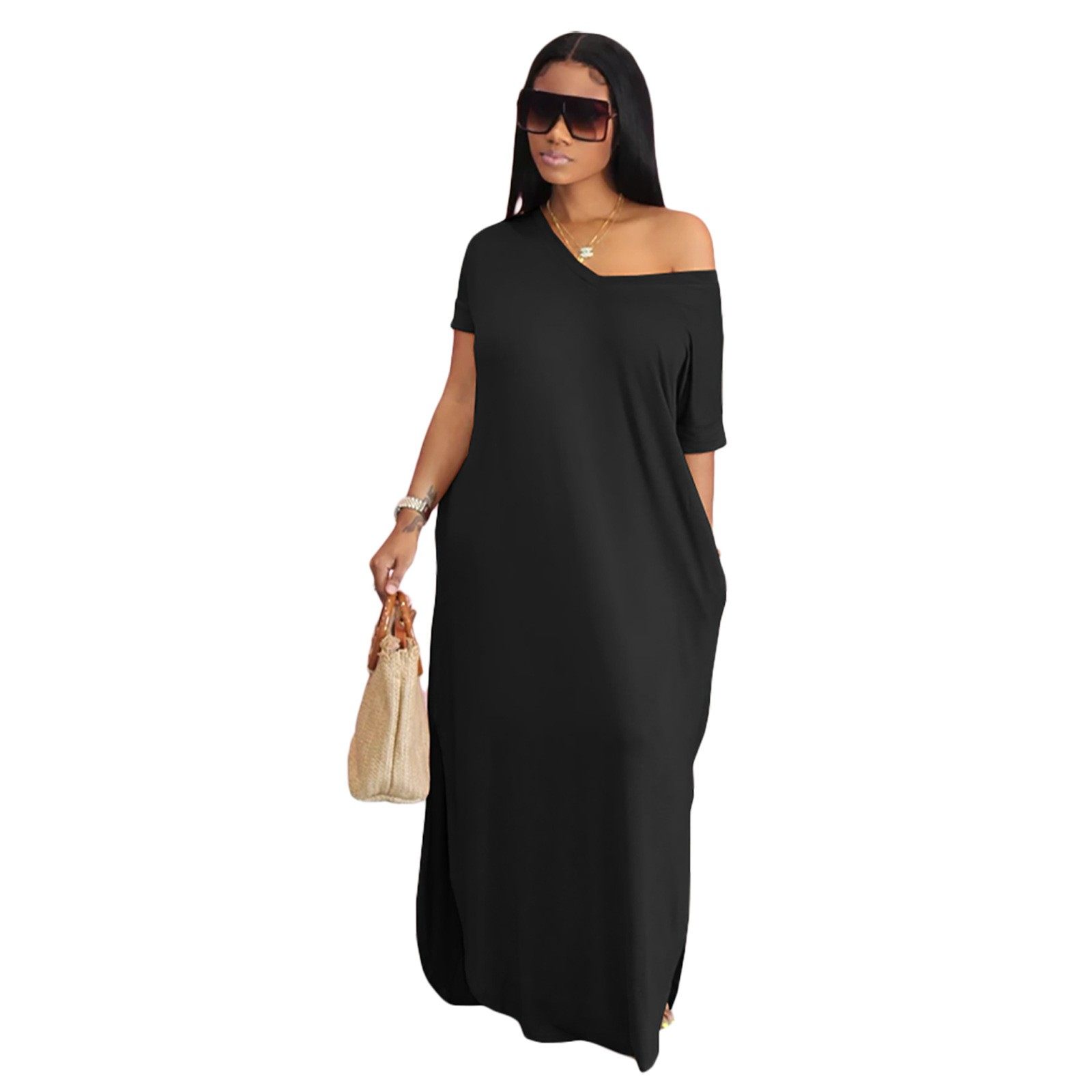 亚马逊 欧美时尚短袖下摆开叉深领宽松连衣裙恤长裙,淘宝优惠券,粉丝福利购,淘宝优惠卷