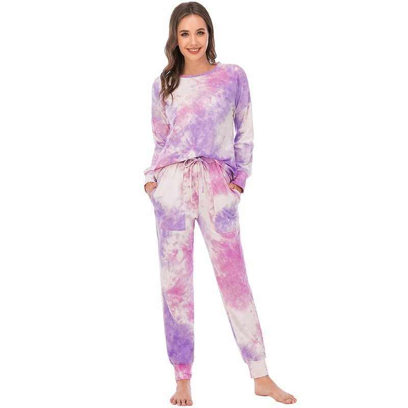 亚马逊春夏新款家居服扎染女式长袖长裤套装休闲女装睡衣,淘宝优惠券,粉丝福利购,淘宝优惠卷