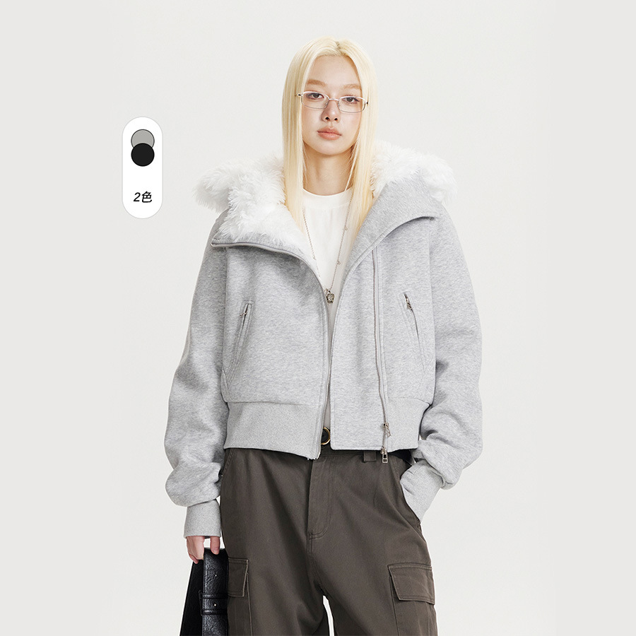 CATTEE美式复古毛绒内胆毛领棉服外套女冬季2025新款短款修身 - 图1