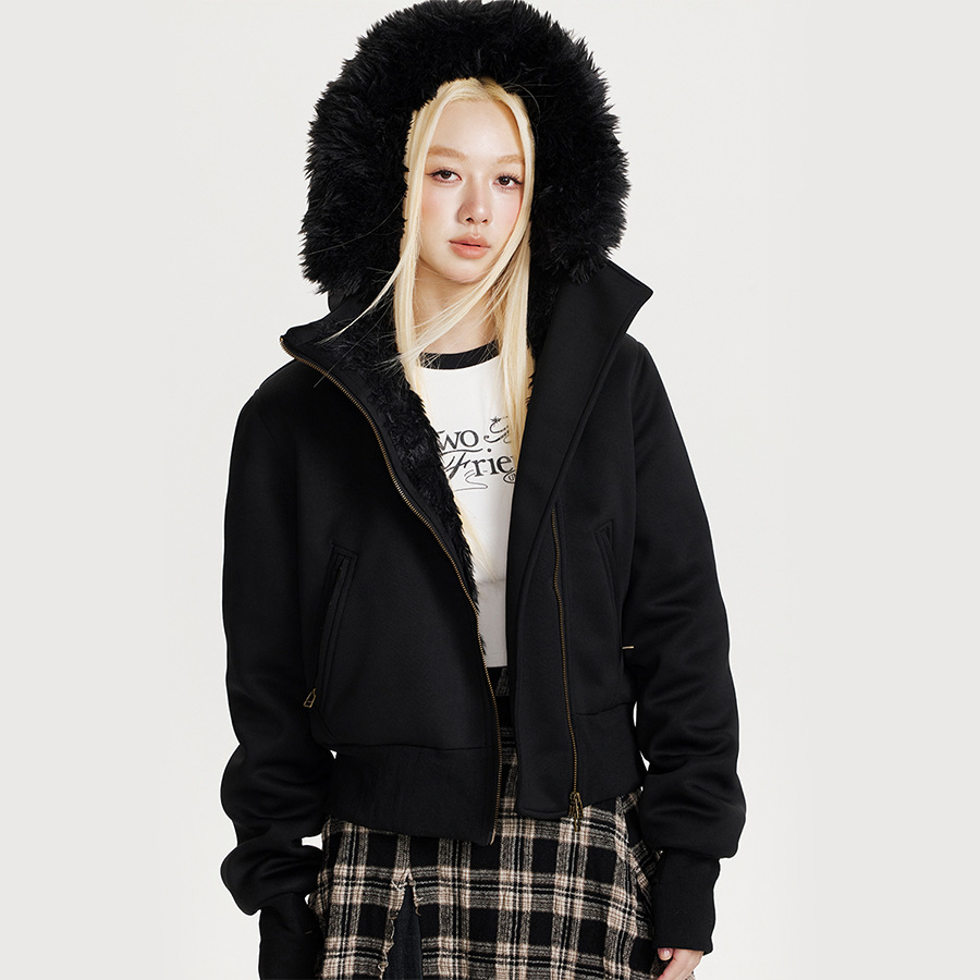 CATTEE美式复古毛绒内胆毛领棉服外套女冬季2025新款短款修身 - 图0