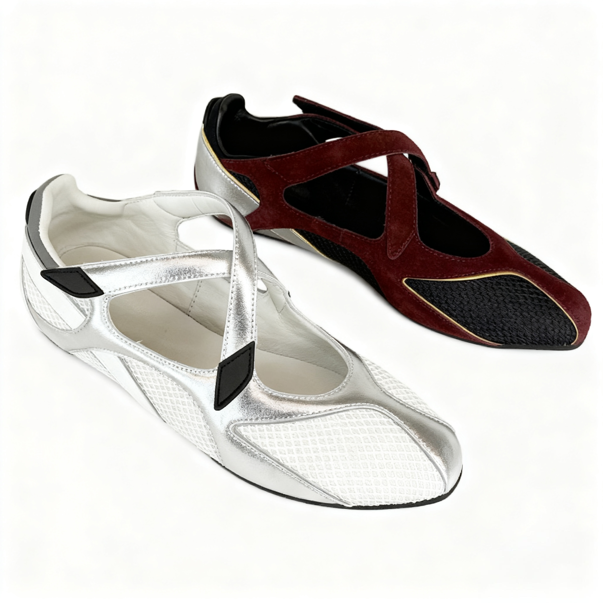 2026早春新款真皮时尚休闲玛丽珍鞋女酒红色网面拼接运动风平底鞋,淘宝优惠券,粉丝福利购,淘宝优惠卷