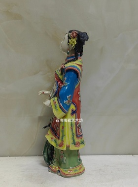 石湾公仔陶瓷持扇仕女竹摇清影手工摆件家居店铺创意风水美女人物