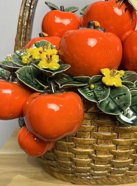 陶瓷仿真柿子水果花篮手工摆件