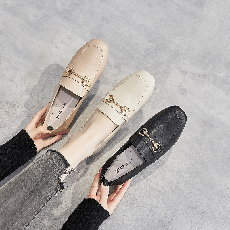 ZHR软底不累脚单鞋女秋英伦真皮增高小皮鞋妈妈乐福鞋粗跟一脚蹬 - 图0