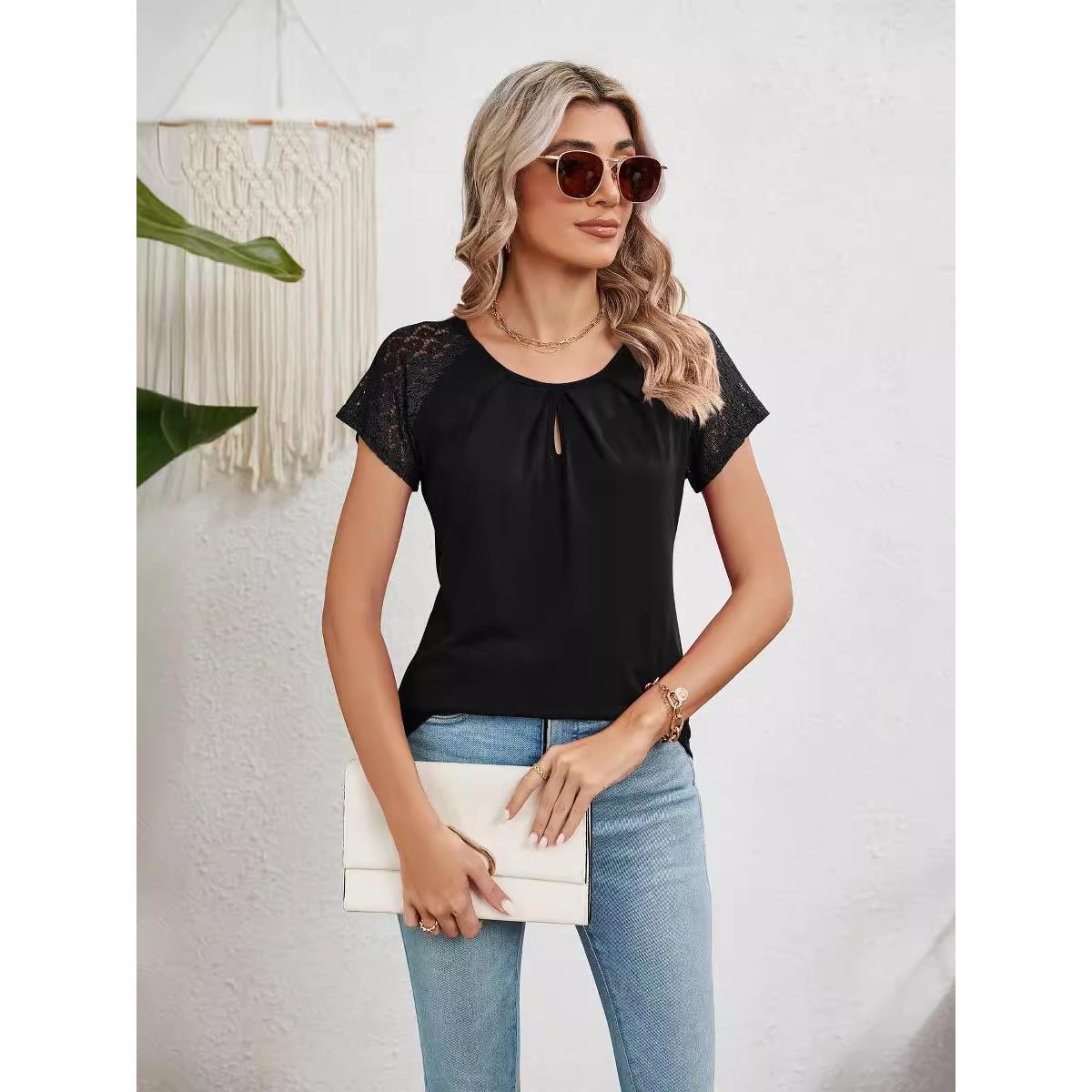 Solid color round neck short sleeve T-shirt top woman上衣女 - 图3