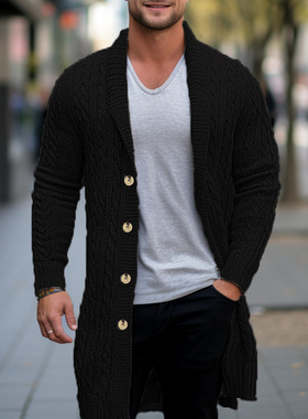 Men's sweate 欧美男装大码中长款针织衫粗针扭花开衫毛织外套潮