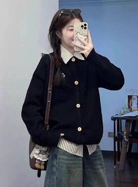 韩系拼接衬衫领假两件毛衣
