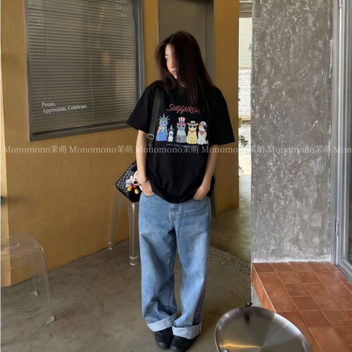 【猫咪天团】韩代美式复古设计宽松大版T恤女短袖数码直喷无感印� - 图2