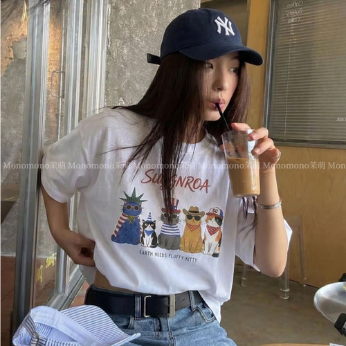 【猫咪天团】韩代美式复古设计宽松大版T恤女短袖数码直喷无感印� - 图1