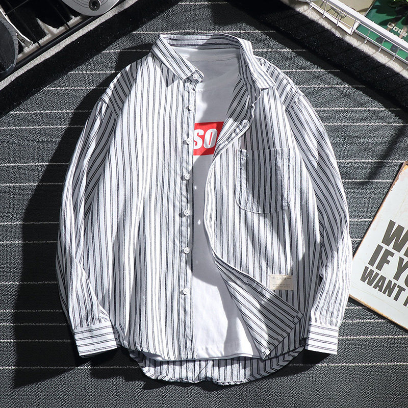 日系秋季男士长袖条纹男蓝白条衬衫 画山龙衬衫