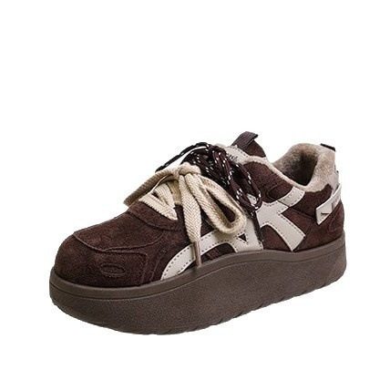 厚底软皮复古德训鞋女2025新款冬季加绒系带休闲鞋百搭运动板鞋子 - 图3