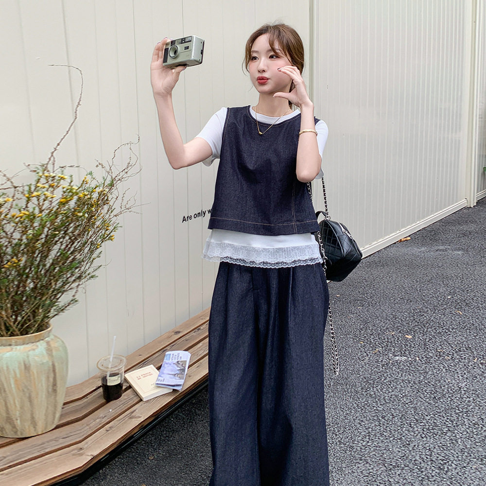 罗芬 故事面料女装官方实拍深蓝色复古牛仔马甲套装女2025年夏季,淘宝优惠券,粉丝福利购,淘宝优惠卷