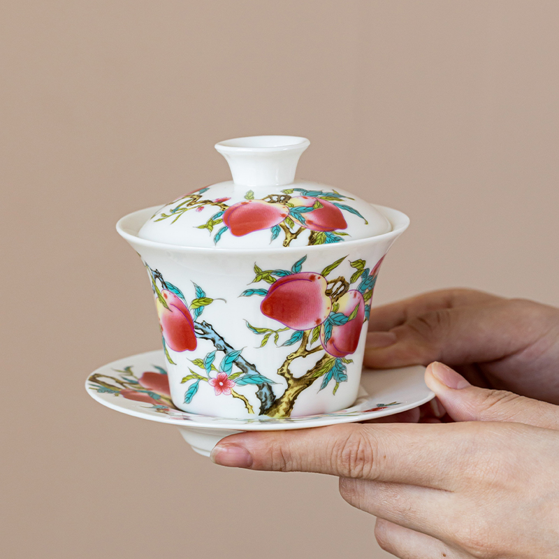 三才盖碗悬停粉彩九桃茶杯德化白瓷单个家用陶瓷泡茶功夫茶具套装