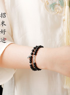 2026天然乌金黑曜石水晶手串8mm银色花苞款手链女生双圈碎银国风