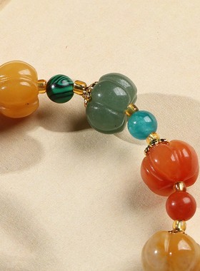 2026翡亦 天然金丝玉南瓜珠手串女士闺蜜小礼物葫芦吊坠铃铛玉石