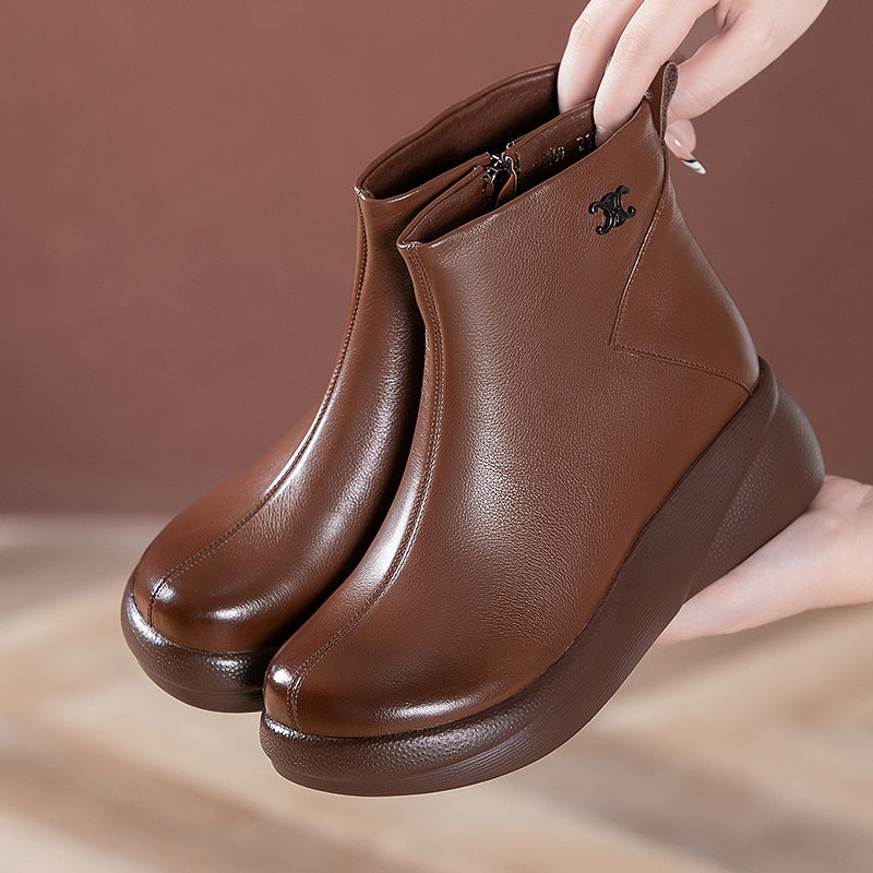 中年妈妈软底短靴真皮厚底秋季单靴软皮冬季加绒棉鞋羊毛女士靴子,淘宝优惠券,粉丝福利购,淘宝优惠卷