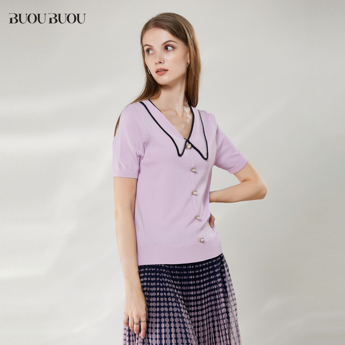 Buou Buou商场同款气质翻领短袖针织衫上衣女BH2A922 - 图1