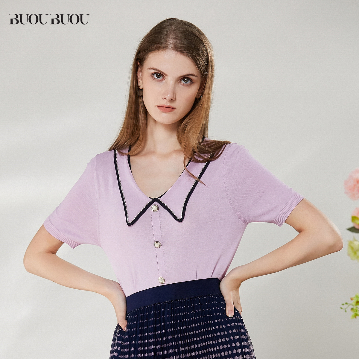 Buou Buou商场同款气质翻领短袖针织衫上衣女BH2A922 - 图0