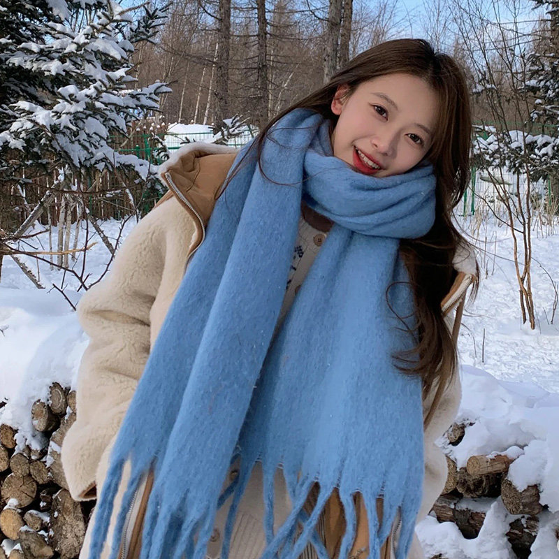 高定版！双面加厚款女士蓝色围巾2024秋冬季男韩系氛围感冬天围脖,淘宝优惠券,粉丝福利购,淘宝优惠卷