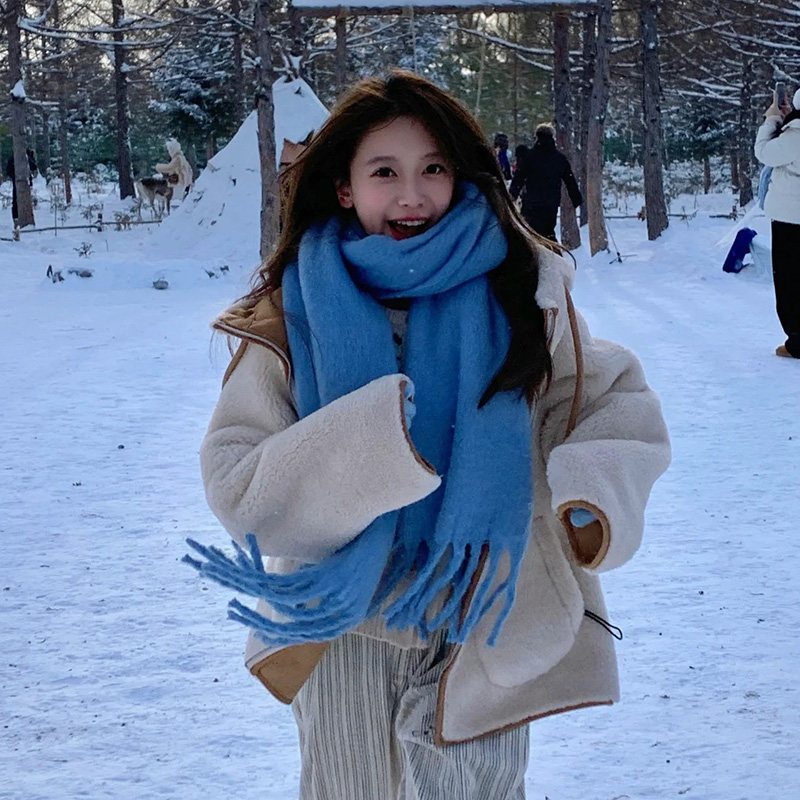 高定版！双面加厚款女士蓝色围巾2024秋冬季男韩系氛围感冬天围脖,淘宝优惠券,粉丝福利购,淘宝优惠卷