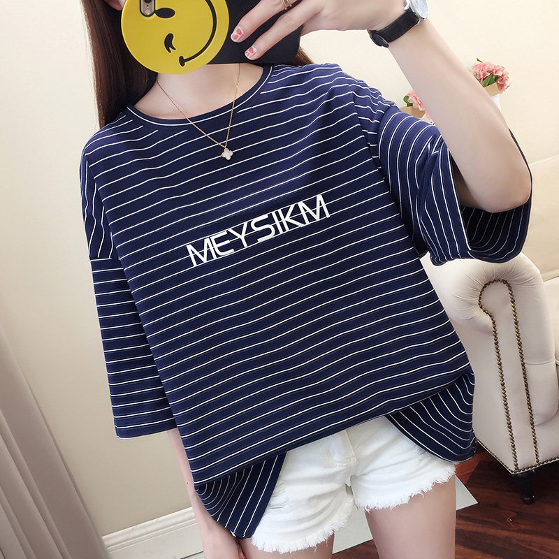 七分中袖夏季韩版大版纯棉条纹t恤 闺倩T恤