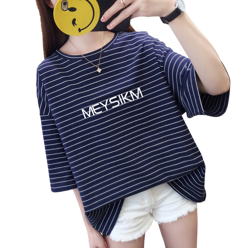 七分中袖夏季韩版大版纯棉条纹t恤 闺倩T恤