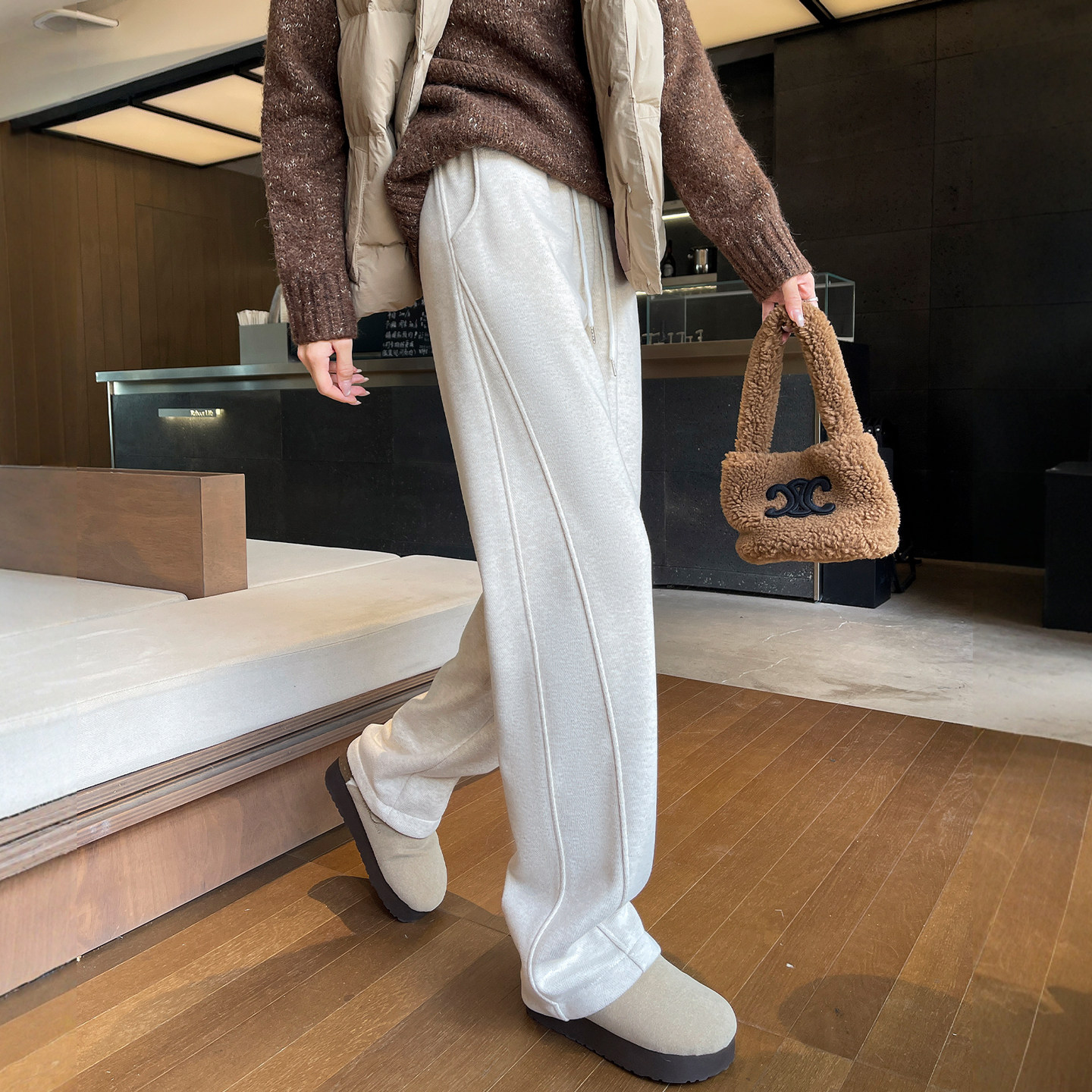 醋酸羊毛呢阔腿裤女秋2025新款高腰窄版直筒休闲糯米冬季加绒裤子,淘宝优惠券,粉丝福利购,淘宝优惠卷