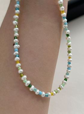 小众高级感巴洛克淡水珍珠项链绿色串珠颈链锁骨链夏日多巴胺