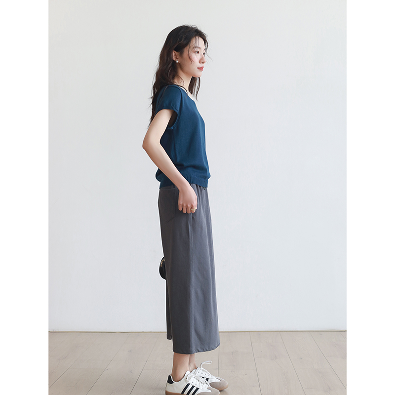 藏青色短袖t恤女2024新款夏季薄款针织衫设计感小众拼色短款上衣-图1