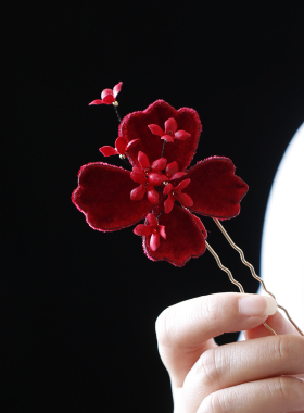 红色布绒花发夹新娘盘发花朵发饰
