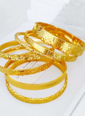 沙金饰品三面碎冰冰手镯女仿真金镯子时尚轻奢高级感手环直播首饰