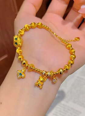 金店同款沙金小猫四叶草手链女轻奢高级感手串仿真金碧绿小猫手环