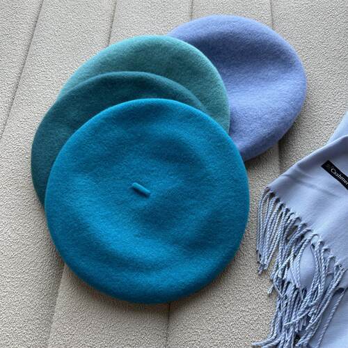 石原蓝色系~贝雷帽女秋冬羊毛呢蓓蕾帽子湖蓝天蓝孔雀蓝画家帽潮 - 图0