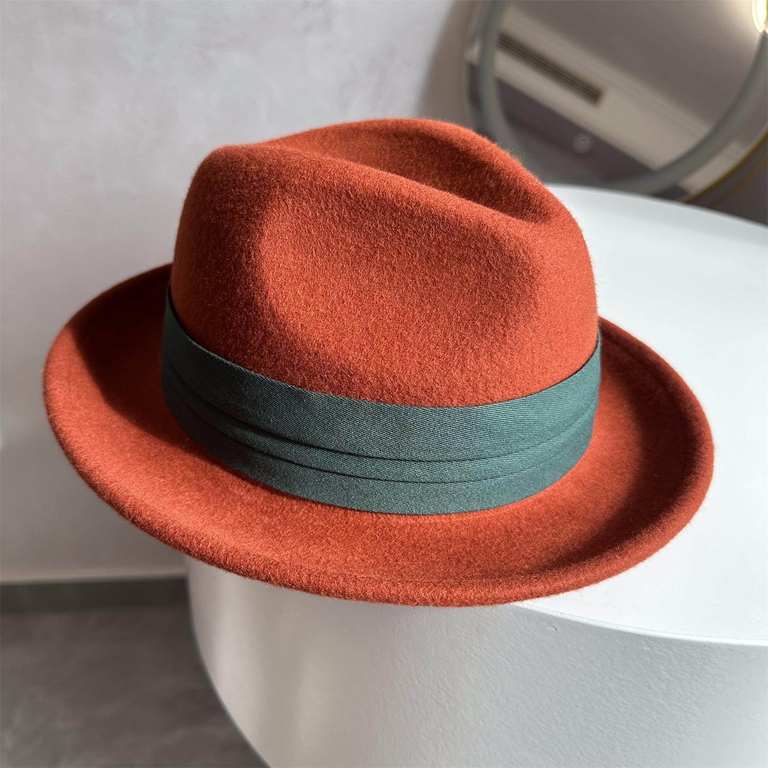 休闲显白铁锈红帽子男复古羊毛呢英伦小礼帽女秋冬卷边爵士帽韩版,淘宝优惠券,粉丝福利购,淘宝优惠卷