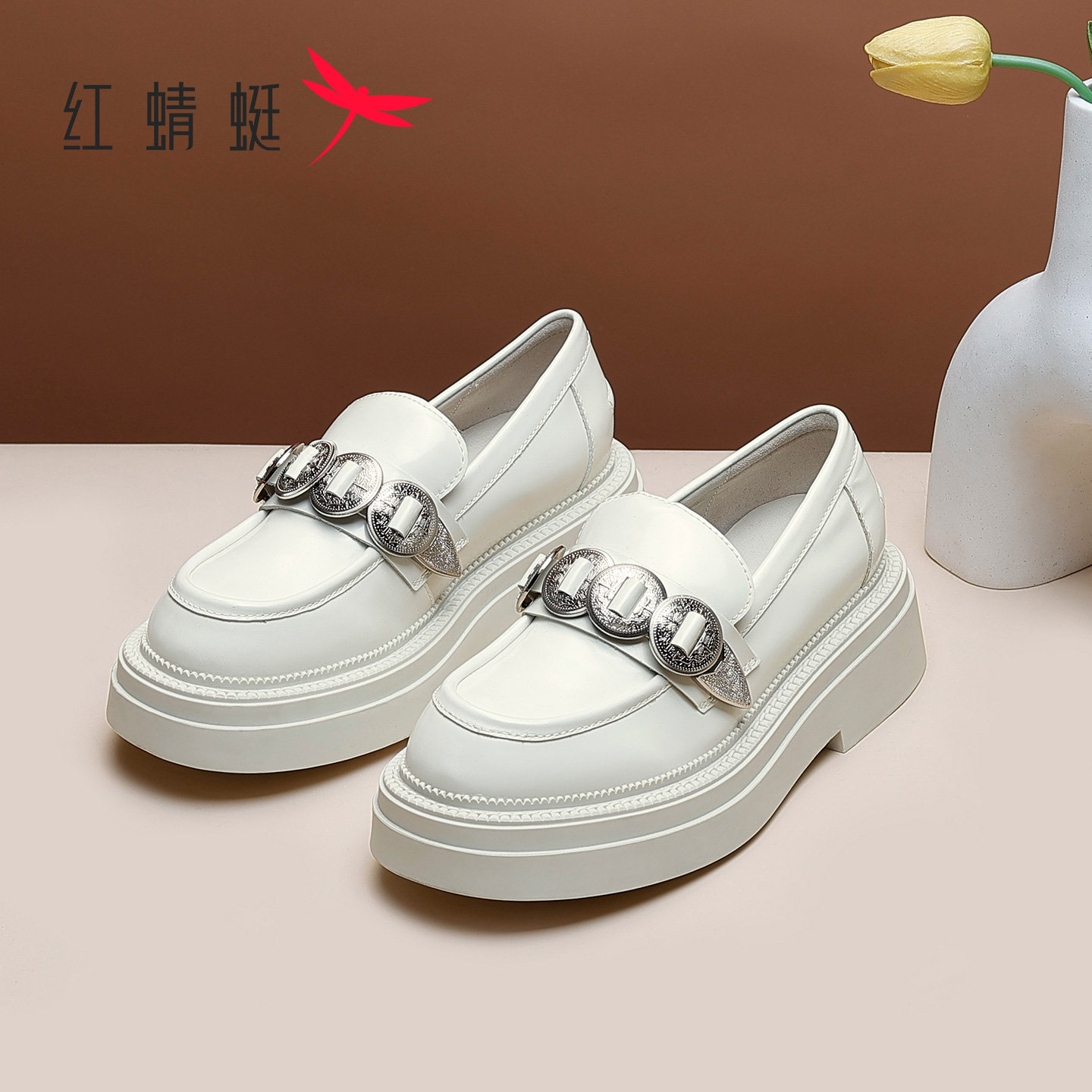 红蜻蜓女鞋春秋季英伦复古休闲单鞋舒适通勤皮鞋百搭鞋子女乐福鞋,淘宝优惠券,粉丝福利购,淘宝优惠卷