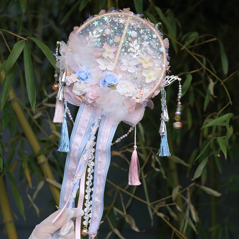 {春与樱}六芒星原创lolita手作中华风洛丽塔天国少女春丽捕梦团扇 - 图0