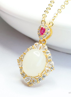 S925银镶天然和田玉吊坠白玉水滴项链高品质轻奢玉髓玉项链爆款