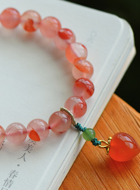 南红玛瑙桃梨冰飘荔枝冻手链约8mm单圈DIY女款糖果色简约饰品