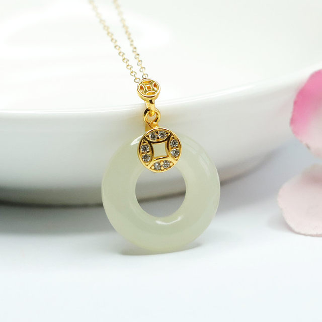 S925 silver inlaid with natural Hetian jade pendant, ice clear horizontal security ring pendant jewelry, high-end clavicle chain necklace