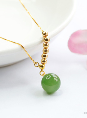 天然和田玉碧玉吊坠18k金圆珠S925银项链高级感毛衣链锁骨链