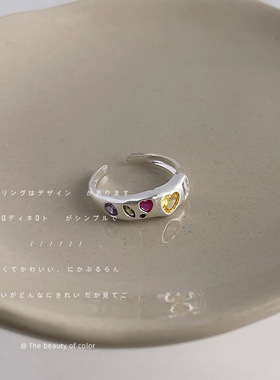 微镶锆石镀银做旧感开口可调节复古简约戒指食指戒个性潮ins指环