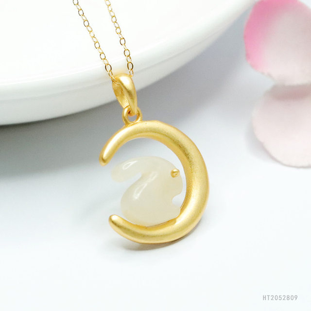 S925 Silver Inlaid Natural Hetian Jade White Jade Pendant Jade Rabbit Moon Necklace Jade Rabbit Rabbit Clavicle Chain Birthday Gift