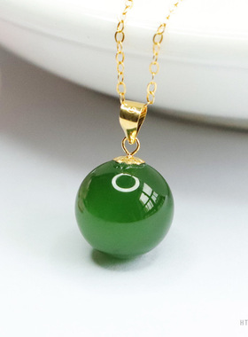 天然和田玉吊坠18k金镶碧玉圆珠玉石锁骨链圆珠吊坠和田玉珠