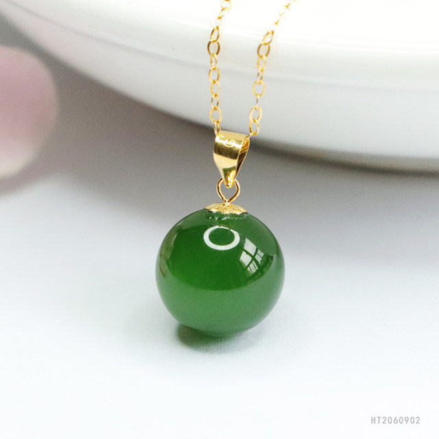 Natural Hetian jade pendant 18k gold inlaid with jasper round beads jade clavicle chain round bead pendant Hetian jade beads