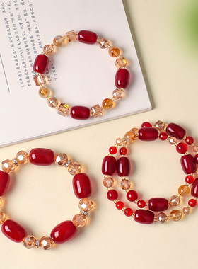 天然黄塔水晶红玛瑙桶珠手链女时尚高级感切面玻璃中国风手串手饰