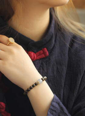 天然沉香单圈圆珠手链DIY原创手工搭配和田玉手串男女款简约时尚