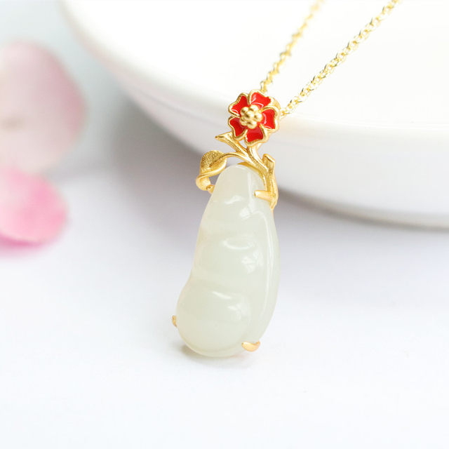 S925 Silver Inlaid Natural Hetian Jade Pendant White Jade Green Bean Fu Bean Festival Gift High-end and Versatile for Your Girlfriend