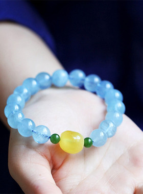 海蓝宝单圈8/10mm手链DIY手串男女款搭配原矿蜜蜡饰品手链小清新