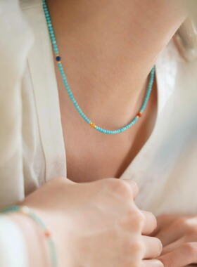 原创新中式天然蓝绿松石南红多宝项链锁骨链送闺蜜朋友礼物